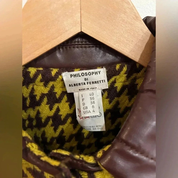 VTG PHILOSOPHY DI ALBERTA FERRETTI Wool houndstooth leather Skirt Jacket Set S - Picture 6 of 16